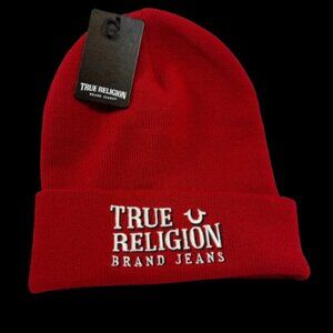 True Religion Unisex Red Embroidered Beanie Hat - Red and White NWT